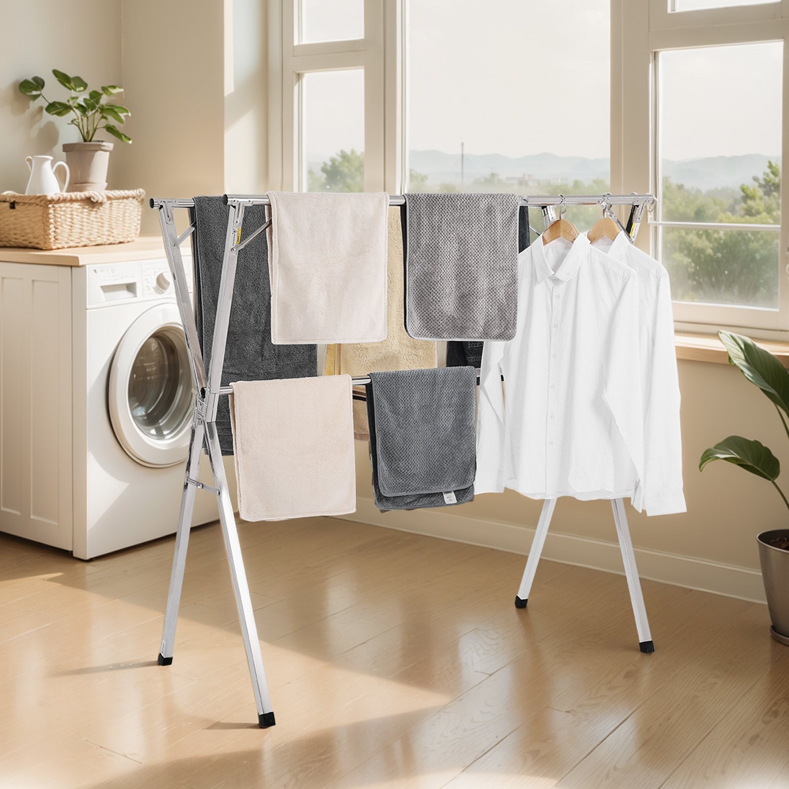 Clothing & Wardrobe Storage: VEVOR 2-Tier Telescopic Clothes Drying Rack w/ 30 Windproof Holes & 2 Shoe Hooks