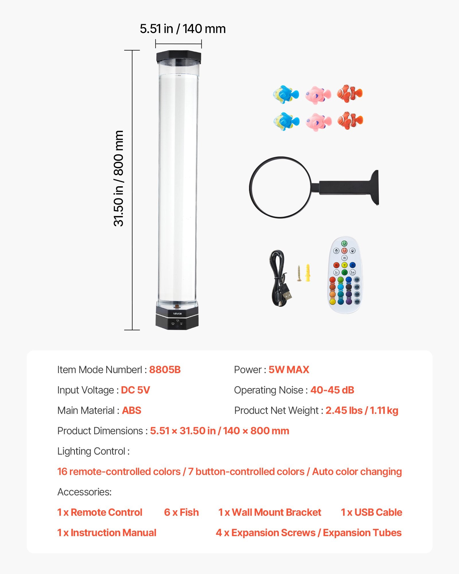 Fountain & Ponds Accessories: VEVOR Bubble Tube Lamp 16 Color 80 cm Sensory Aquarium Lamp for Relief Calming