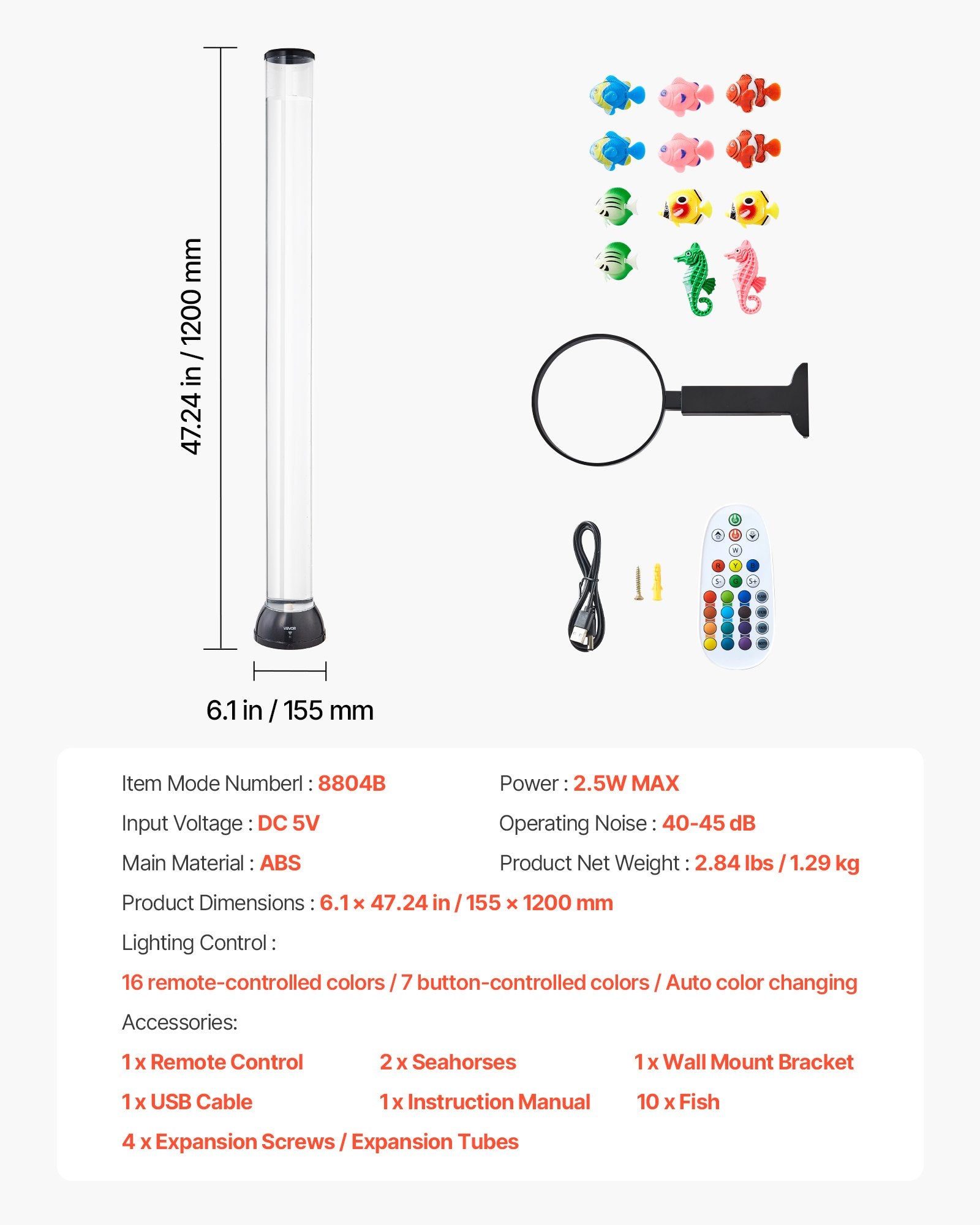 Table Lamps: VEVOR Bubble Tube Lamp 16 Color 1.2 m Sensory Aquarium Lamp for Relief Calming