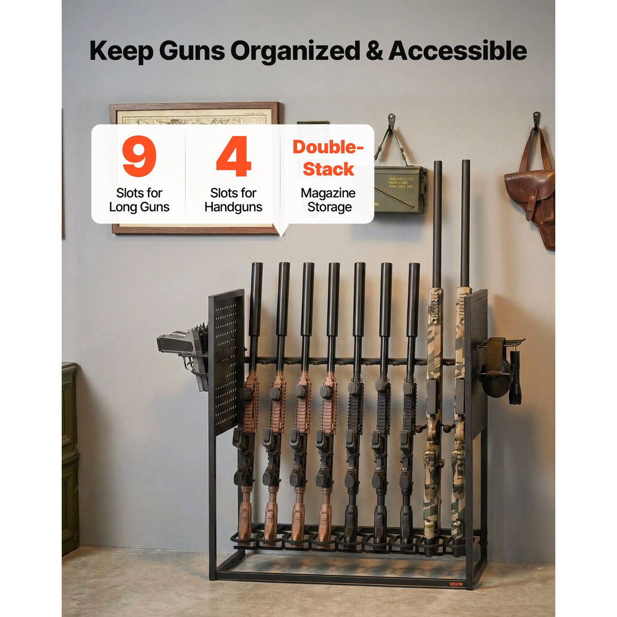 Gun Rack, Floor Standing, Indoor Heavy Duty Steel Rifle Shotgun Rack Stand, Freestanding Gun Display Storage with Magazine Holder, Holds up to 9 Rifles and 4 Pistols, for Home Garage Storage