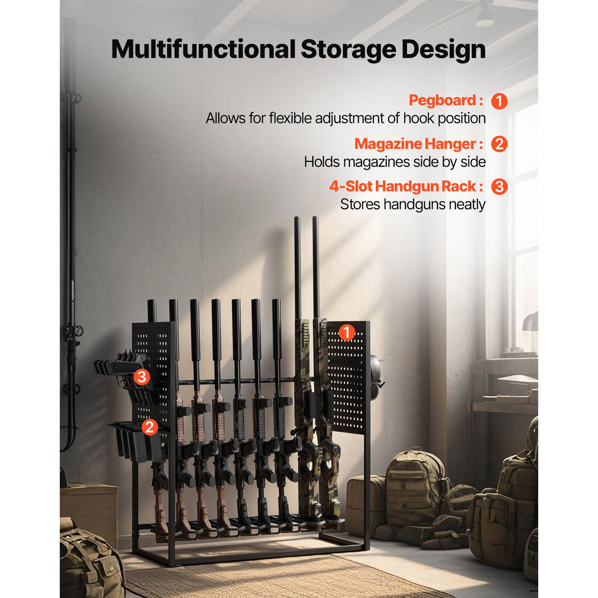 Gun Rack, Floor Standing, Indoor Heavy Duty Steel Rifle Shotgun Rack Stand, Freestanding Gun Display Storage with Magazine Holder, Holds up to 9 Rifles and 4 Pistols, for Home Garage Storage