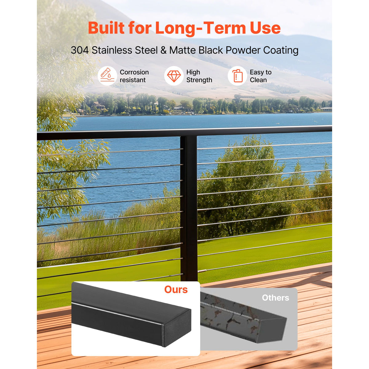 198 cm Stainless Steel Handrail, Rectangular Top Stair Deck Hand Rail for Outdoor/Indoor Steps with End Cap,Matte Black Coating Adjustable Metal Stair Rail for Cable Railing Kit