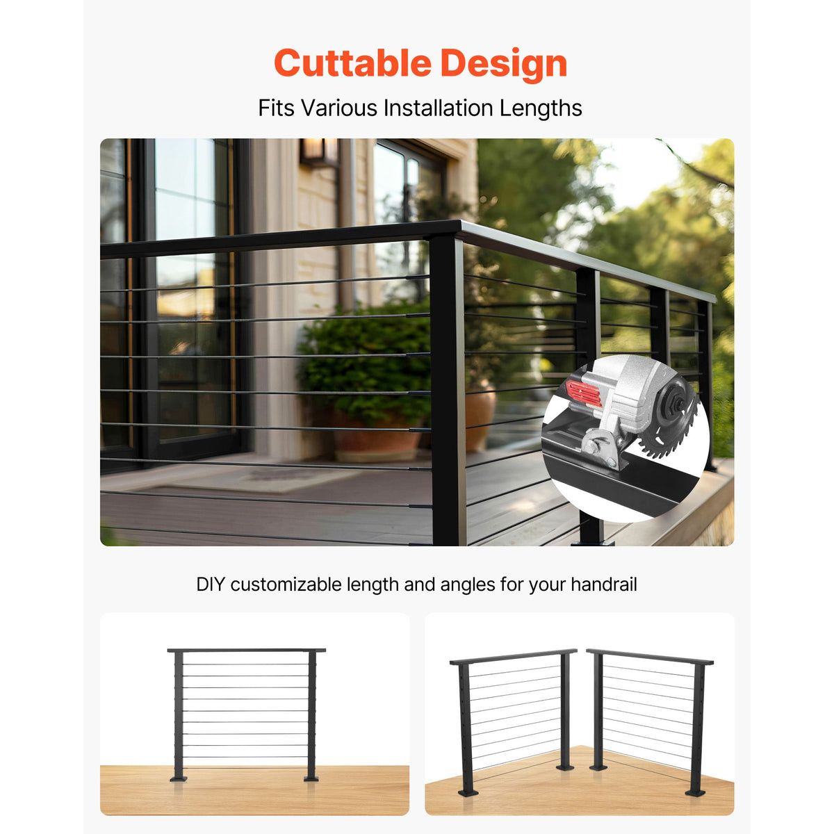 198 cm Stainless Steel Handrail, Rectangular Top Stair Deck Hand Rail for Outdoor/Indoor Steps with End Cap,Matte Black Coating Adjustable Metal Stair Rail for Cable Railing Kit