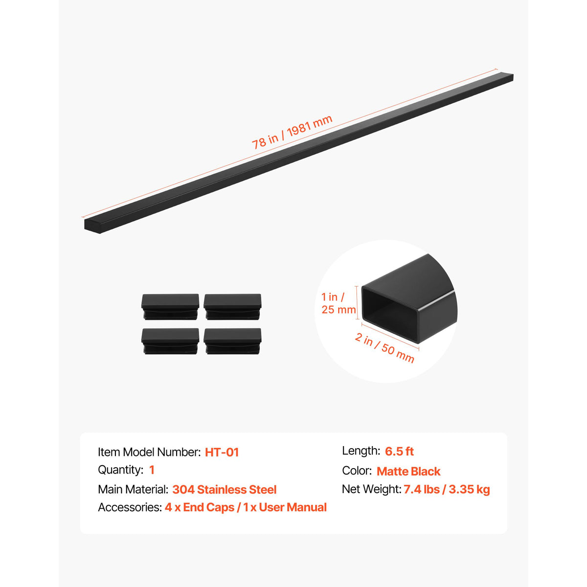 198 cm Stainless Steel Handrail, Rectangular Top Stair Deck Hand Rail for Outdoor/Indoor Steps with End Cap,Matte Black Coating Adjustable Metal Stair Rail for Cable Railing Kit