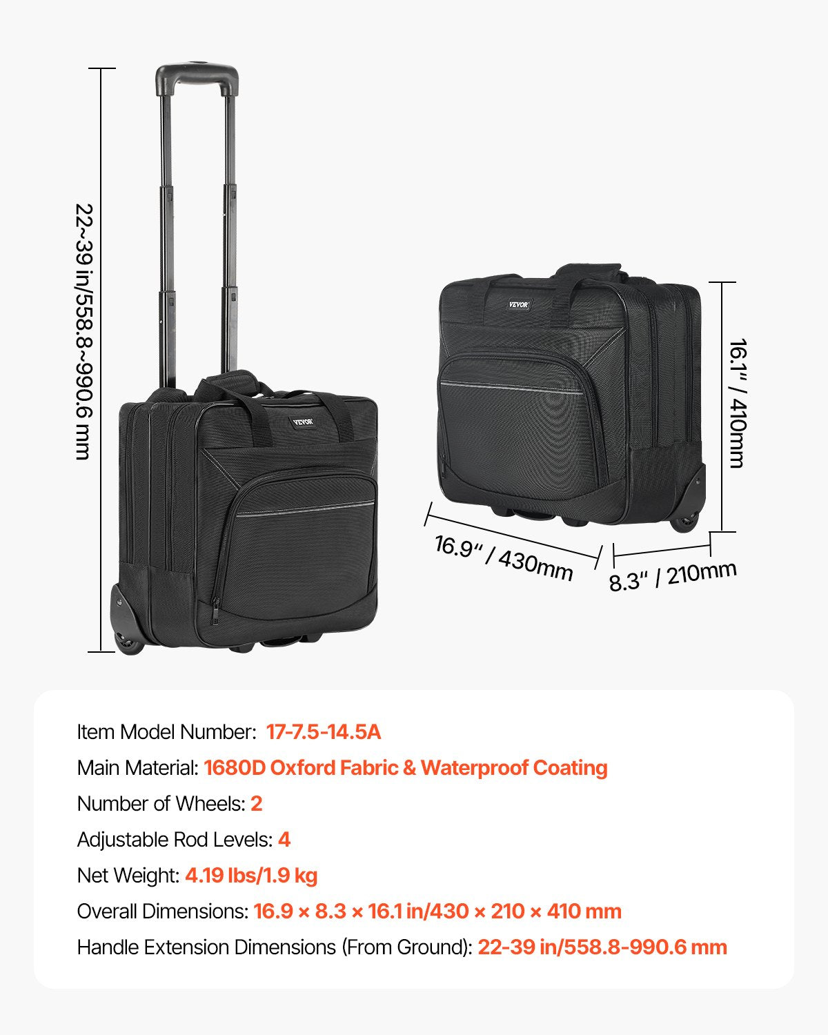 Duffel Bags: VEVOR Rolling Laptop Bag 39.62 cm Wheeled Computer Bag for Women & Men Black