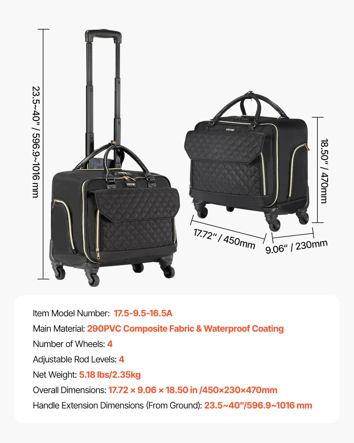 Mouse & Accessories: VEVOR Rolling Laptop Bag, Fits Up to 17.3 Inch Laptop, Wheeled Briefcase, Roller Computer Tote Bag with 4 Spinner Wheels & TSA Lock, Laptop Case for Work Travel Business, Women & Men (Black Gold)