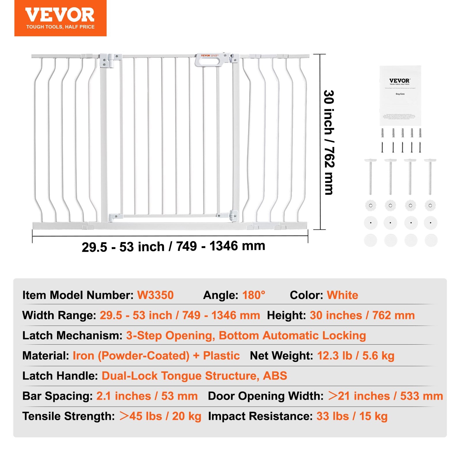 Dog Playpens & Gates: VEVOR Baby Gate, 749-1346 mm Extra Wide, 762 mm High, Dog Gate for Stairs Doorways and House, Easy Step Walk Thru Auto Close Child Gate Pet Security Gate with Pressure Mount and Wall Mount Kit, White