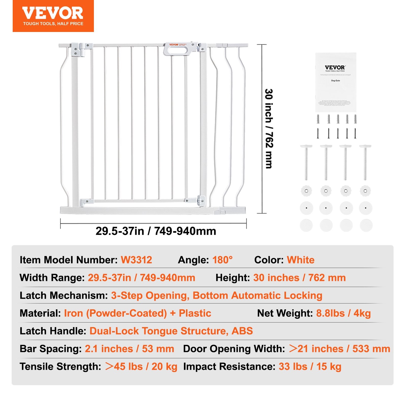 Dog Playpens & Gates: VEVOR Baby Gate, 749-990 mm Extra Wide, 762 mm High, Dog Gate for Stairs Doorways and House, Easy Step Walk Thru Auto Close Child Gate Pet Security Gate with Pressure Mount Kit & Wall Mount Kit, White