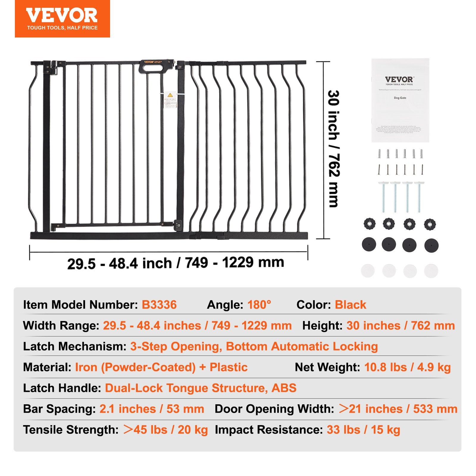 Dog Playpens & Gates: VEVOR Baby Gate, 749-1229 mm Extra Wide, 762 mm High, Dog Gate for Stairs Doorways and House, Easy Step Walk Thru Auto Close Child Gate Pet Security Gate with Pressure Mount and Wall Mount Kit, Black