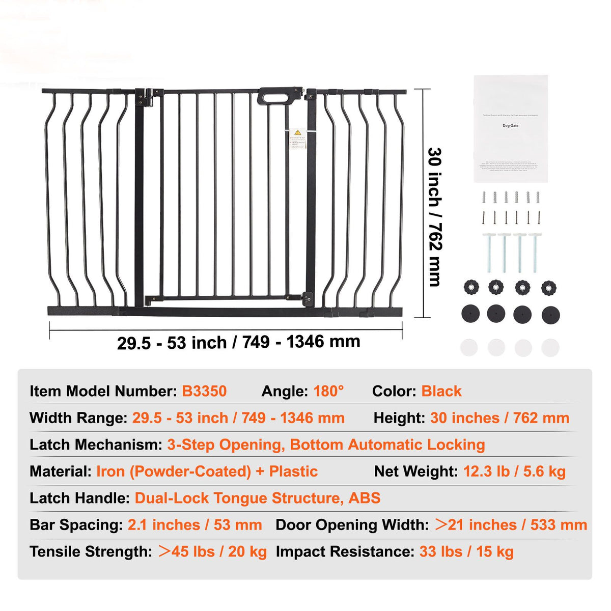 Baby Gate, 749-1346 mm Extra Wide, 762 mm High, Dog Gate for Stairs Doorways and House, Easy Step Walk Thru Auto Close Child Gate Pet Security Gate with Pressure Mount and Wall Mount Kit, Black
