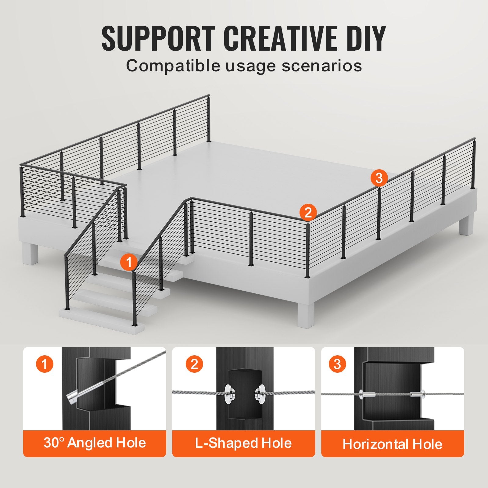 Automotive Repair & Speciality Tools: VEVOR Cable Railing Post Level Deck Stair Post 42 x 1.97 x 1.97" Cable Handrail Post Stainless Steel Brushed Finishing Deck Railing Pre-Drilled Pickets with Mounting Bracket Stair Railing Kit Black 106.7*5*5cm