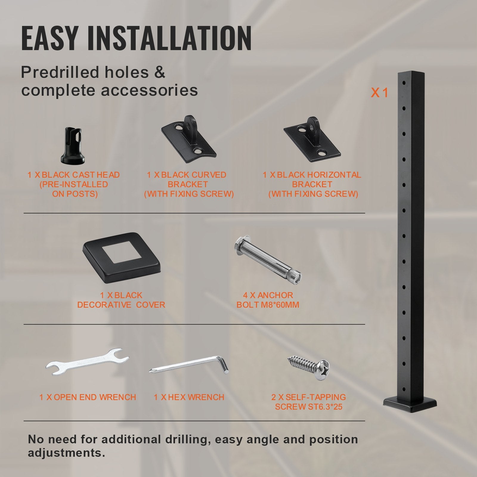 Automotive Repair & Speciality Tools: VEVOR Cable Railing Post Level Deck Stair Post 42 x 1.97 x 1.97" Cable Handrail Post Stainless Steel Brushed Finishing Deck Railing Pre-Drilled Pickets with Mounting Bracket Stair Railing Kit Black 106.7*5*5cm