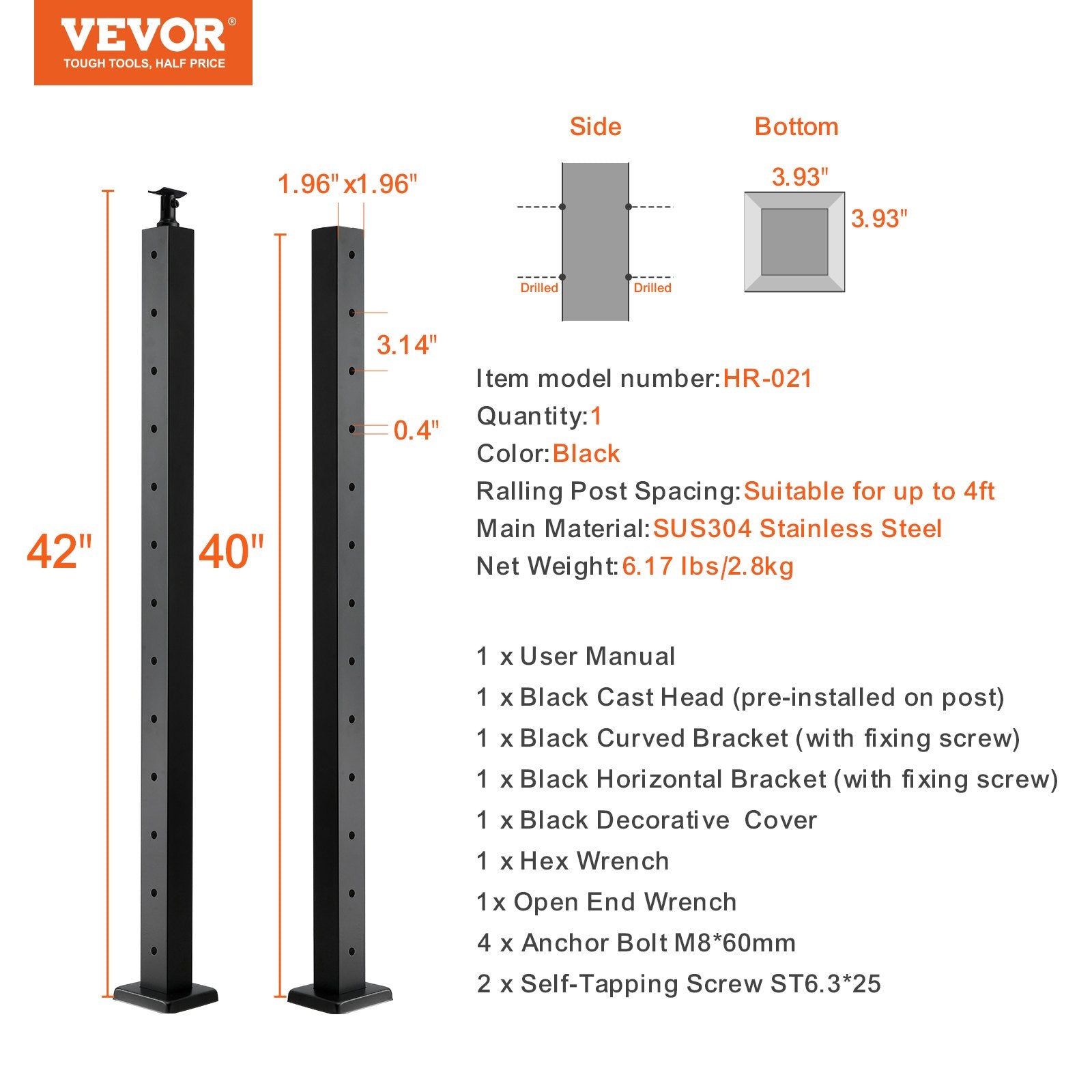 Automotive Repair & Speciality Tools: VEVOR Cable Railing Post Level Deck Stair Post 42 x 1.97 x 1.97" Cable Handrail Post Stainless Steel Brushed Finishing Deck Railing Pre-Drilled Pickets with Mounting Bracket Stair Railing Kit Black 106.7*5*5cm