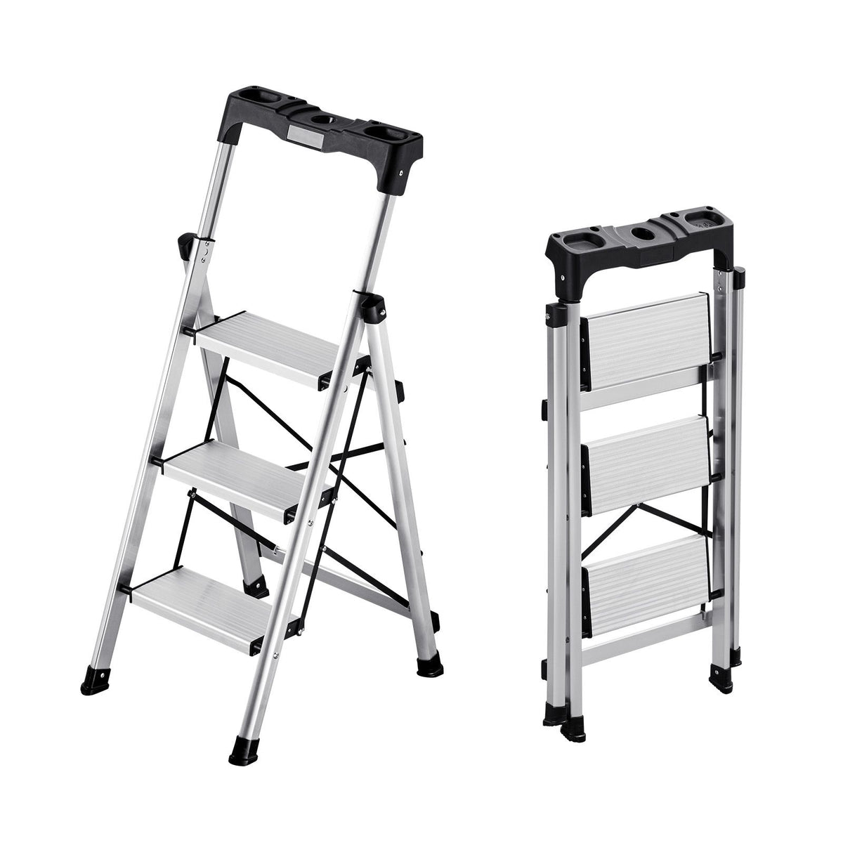 3 Step Ladder, Folding Step Stool with Wide Anti-Slip Pedal and Comfort Handgrip, 150 kg Capacity Portable Aluminum Stepladder, Multi-Use for Kitchen, Warehouse, Household and Office, Silver