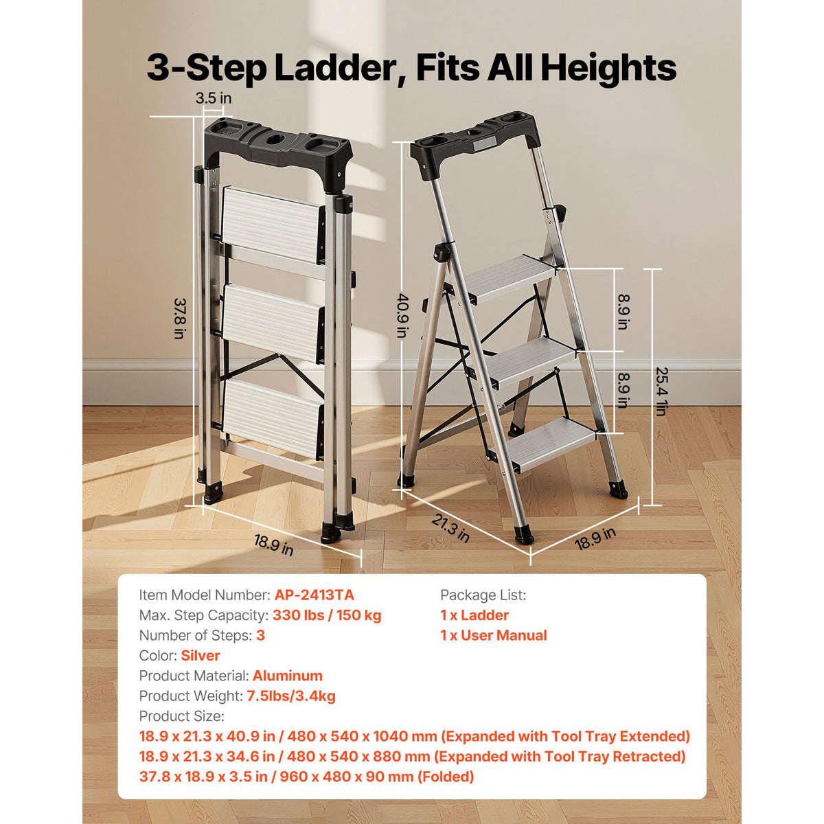 3 Step Ladder, Folding Step Stool with Wide Anti-Slip Pedal and Comfort Handgrip, 150 kg Capacity Portable Aluminum Stepladder, Multi-Use for Kitchen, Warehouse, Household and Office, Silver