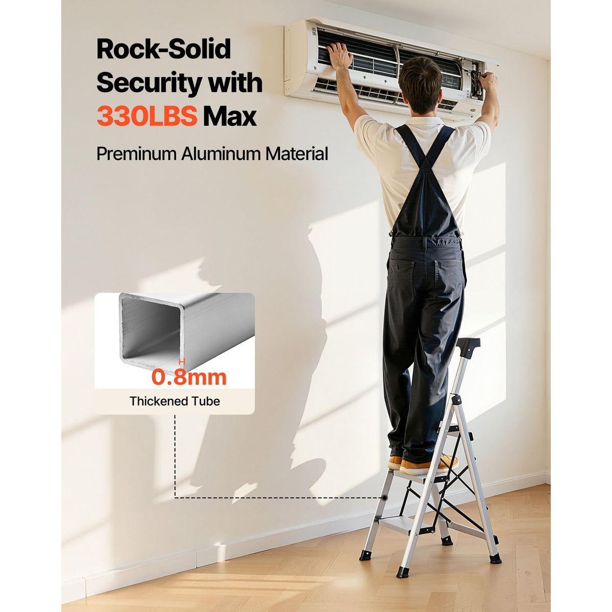 3 Step Ladder, Folding Step Stool with Wide Anti-Slip Pedal and Comfort Handgrip, 150 kg Capacity Portable Aluminum Stepladder, Multi-Use for Kitchen, Warehouse, Household and Office, Silver