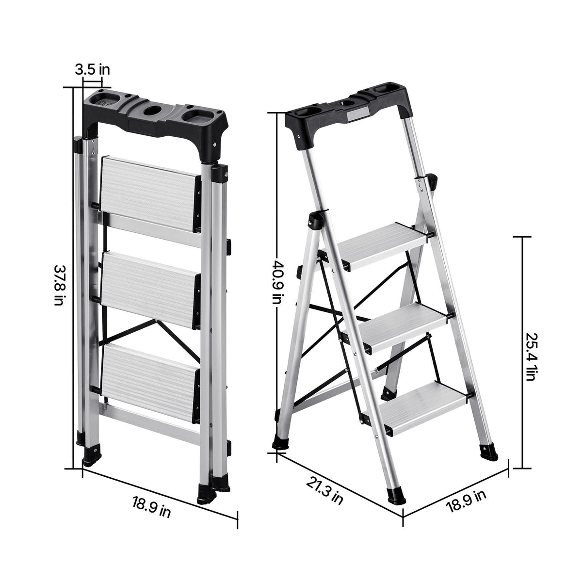 3 Step Ladder, Folding Step Stool with Wide Anti-Slip Pedal and Comfort Handgrip, 150 kg Capacity Portable Aluminum Stepladder, Multi-Use for Kitchen, Warehouse, Household and Office, Silver