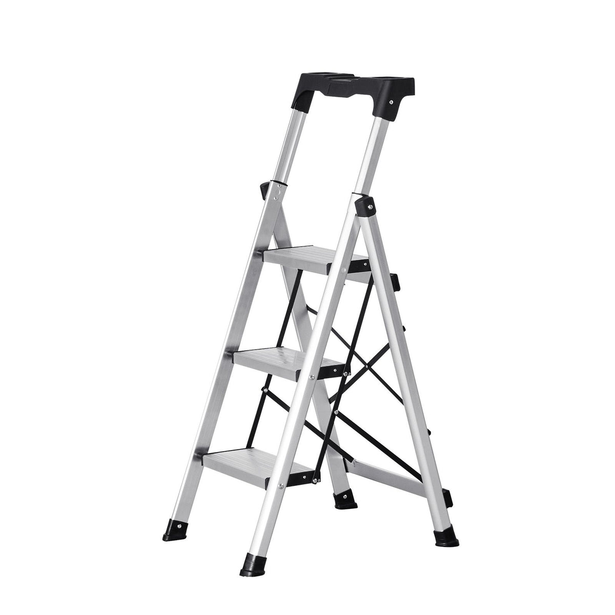 3 Step Ladder, Folding Step Stool with Wide Anti-Slip Pedal and Comfort Handgrip, 150 kg Capacity Portable Aluminum Stepladder, Multi-Use for Kitchen, Warehouse, Household and Office, Silver