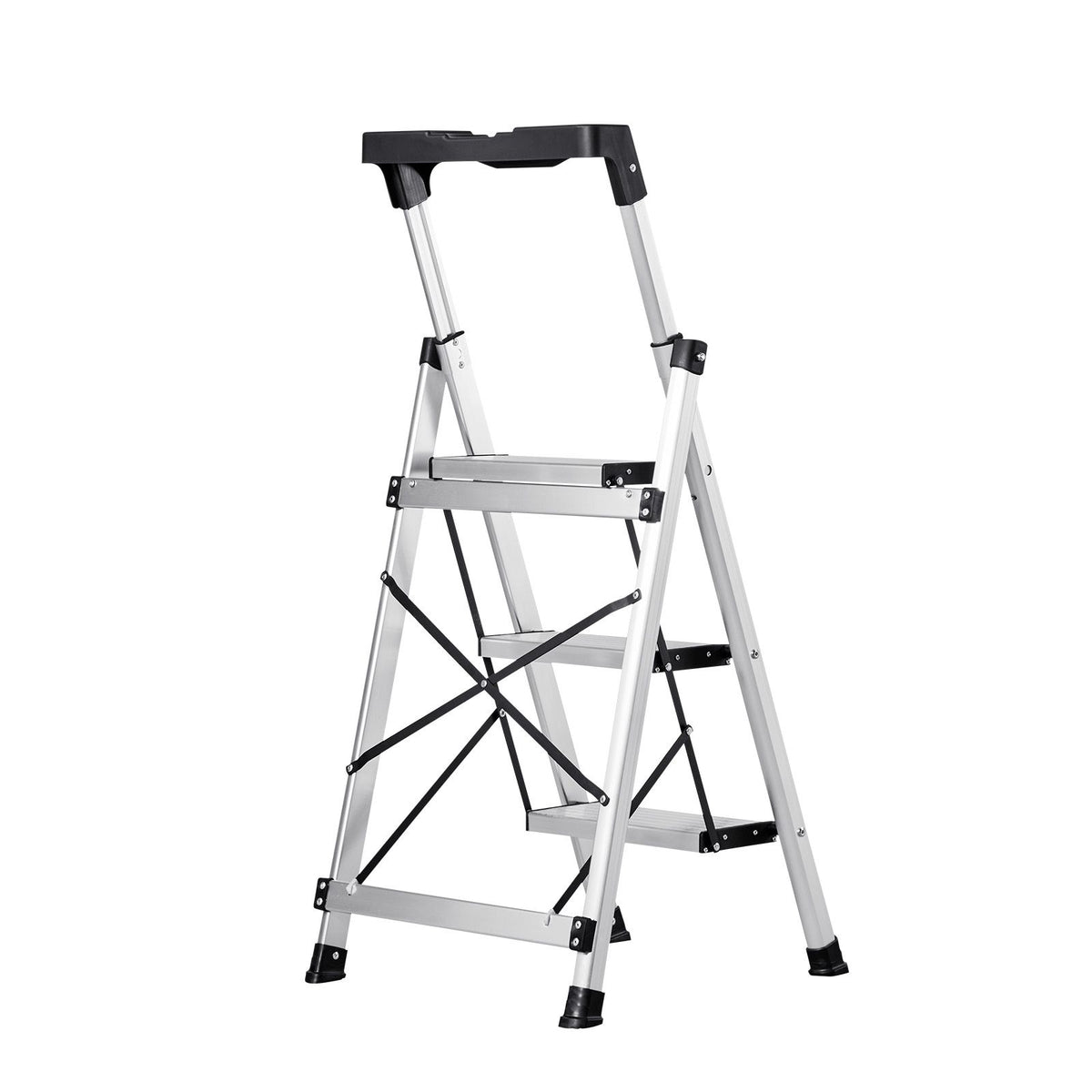 3 Step Ladder, Folding Step Stool with Wide Anti-Slip Pedal and Comfort Handgrip, 150 kg Capacity Portable Aluminum Stepladder, Multi-Use for Kitchen, Warehouse, Household and Office, Silver