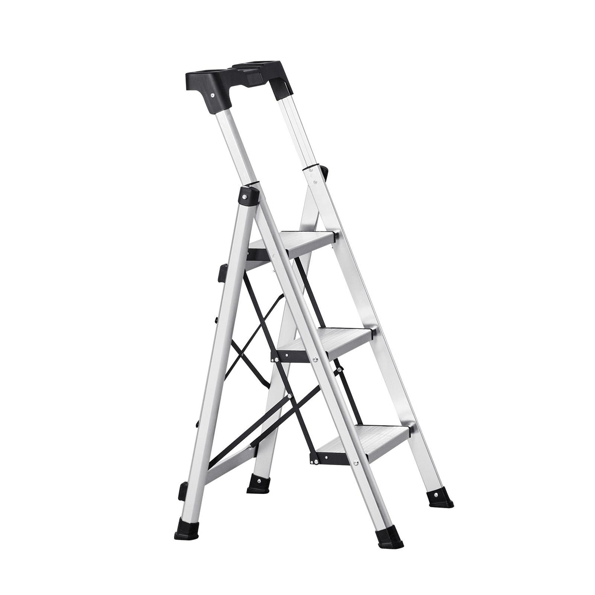 3 Step Ladder, Folding Step Stool with Wide Anti-Slip Pedal and Comfort Handgrip, 150 kg Capacity Portable Aluminum Stepladder, Multi-Use for Kitchen, Warehouse, Household and Office, Silver