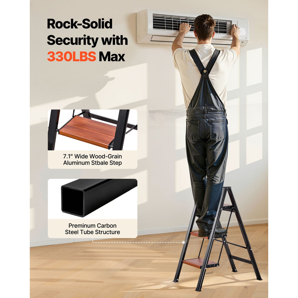 3 Step Ladder, Folding Step Stool with Wide Anti-Slip Pedal and Comfort Handgrip, Lightweight 150 kg Capacity Portable Aluminum Plant Support, Multi-Use for Adults, Home Repairing, Cleaning