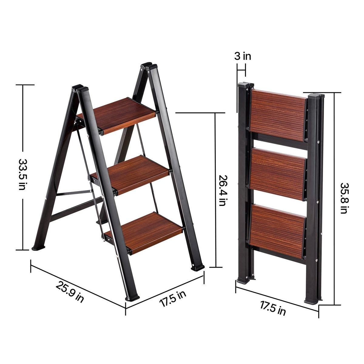3 Step Ladder, Folding Step Stool with Wide Anti-Slip Pedal and Comfort Handgrip, Lightweight 150 kg Capacity Portable Aluminum Plant Support, Multi-Use for Adults, Home Repairing, Cleaning