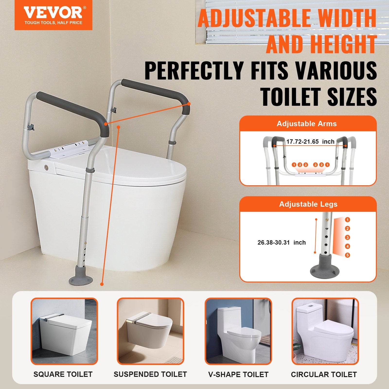 Table & Bar Stools: VEVOR Toilet Safety Rail, Bathroom Toilet Seat Frame, Adjustable Width & Height Fit Most Toilets, Supports 136 kg, Toilet Handles Grab Bars with Padded Armrests for Handicap, Disabled, Seniors