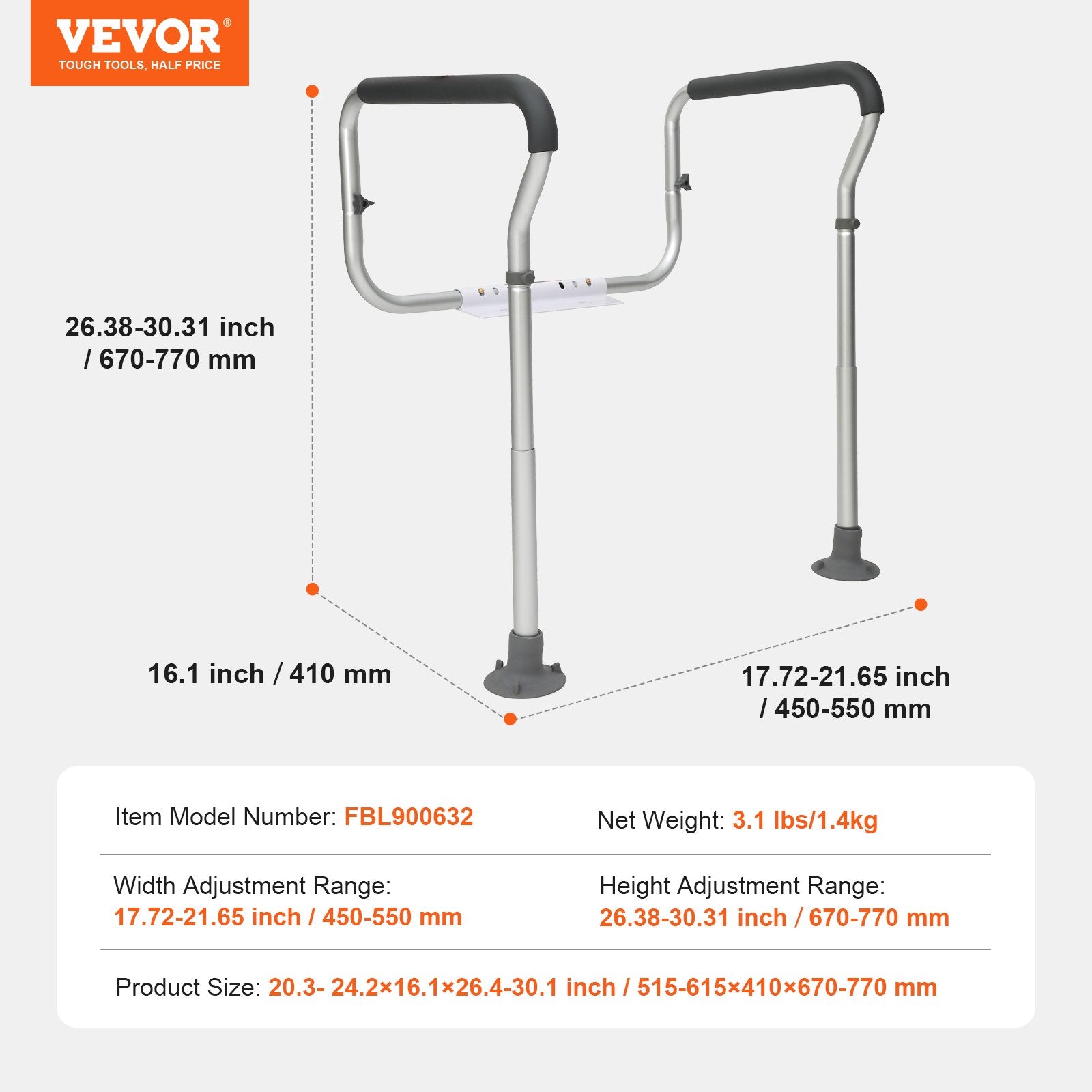 Table & Bar Stools: VEVOR Toilet Safety Rail, Bathroom Toilet Seat Frame, Adjustable Width & Height Fit Most Toilets, Supports 136 kg, Toilet Handles Grab Bars with Padded Armrests for Handicap, Disabled, Seniors