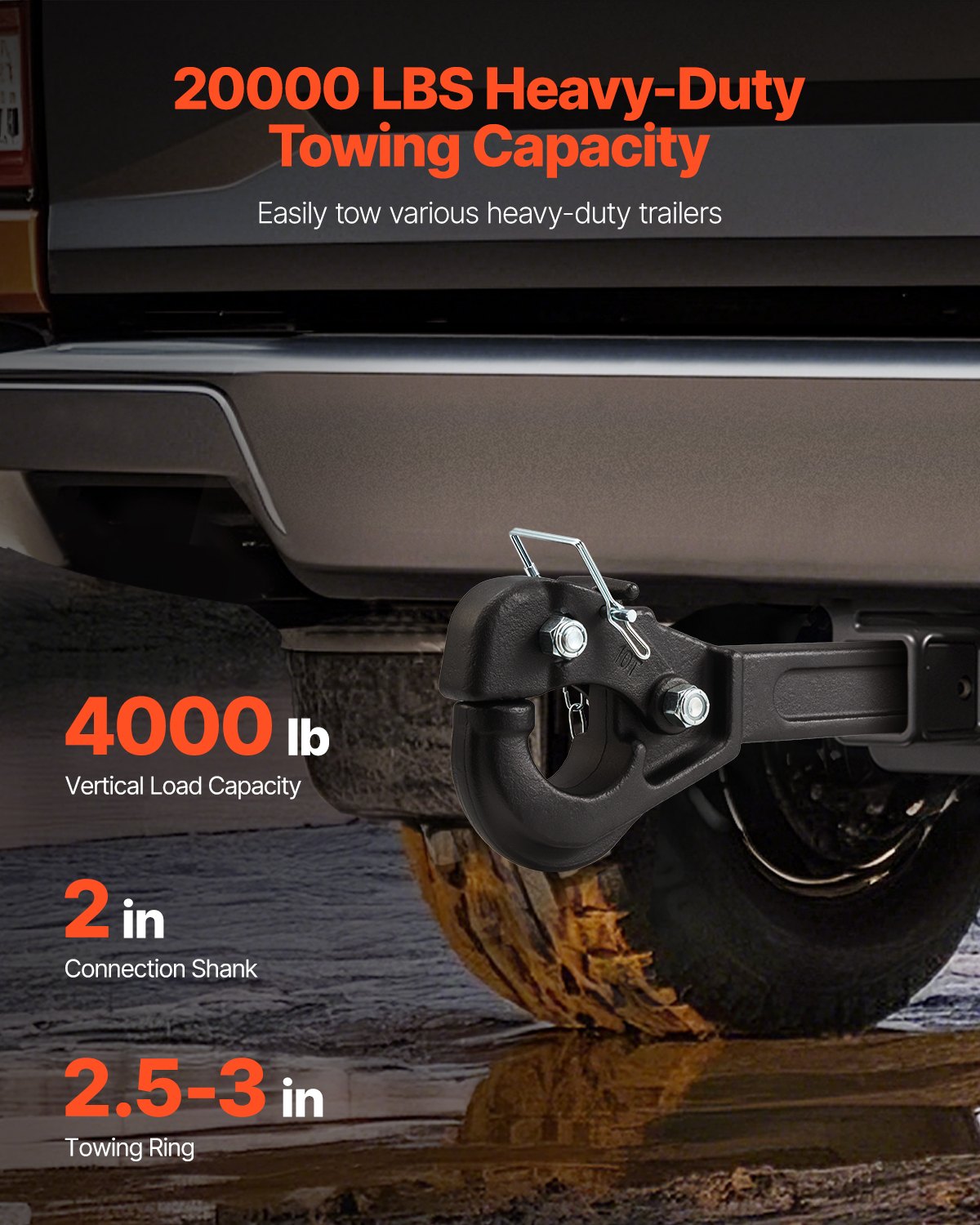 Automotive Repair & Speciality Tools: VEVOR Pintle Hitch 50.4 mm Receiver Hook 63.5 - 76.2 mm Lunette Ring 9070 kg