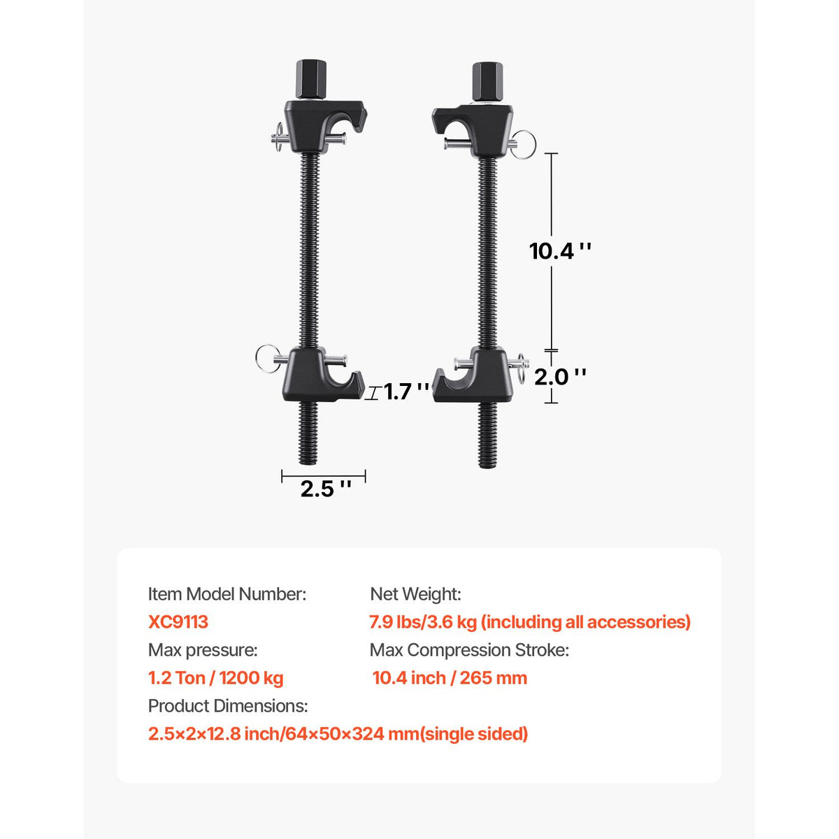Strut Spring Compressor, 2 Pack, Heavy Duty Coil Spring Compressor Tool with 10.4 Inches(256 mm) Range, Compatible with 0.86 inches(22 mm) Hex Sockets, Fit for Car Truck Motorcycle, Black