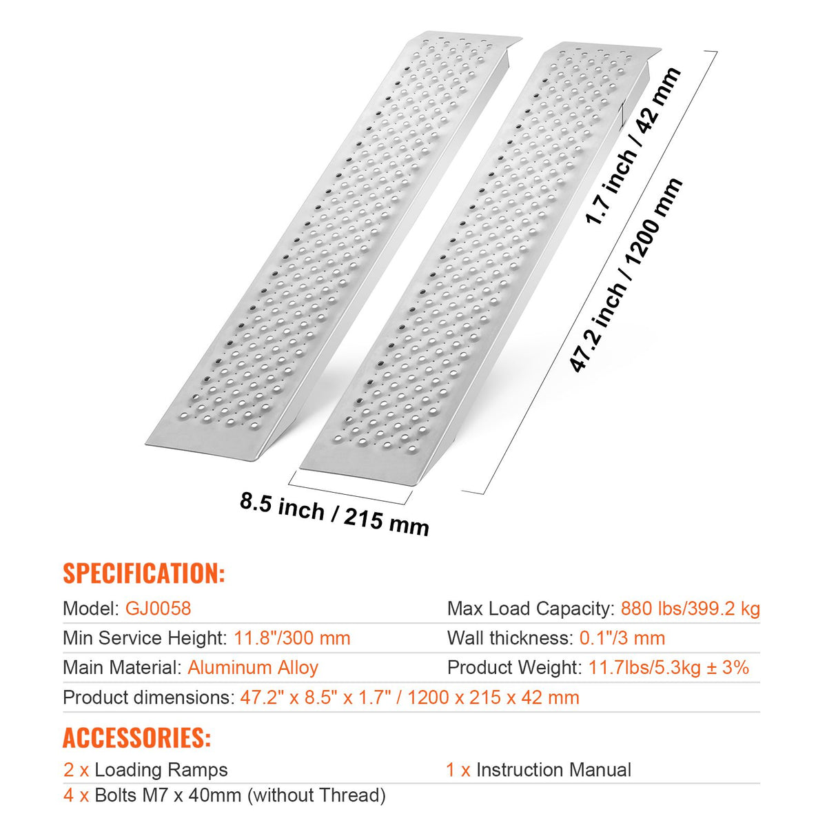 Portable Loading Ramps, 2 Pcs 1200 x 215 mm, Durable Aluminum Shed Ramp Set with Anti-Slip Holes, Compact Design and Easy Storage, 399.2 kg Weight Capacity, for ATV, Tractors, Lawn Mowers, Carts