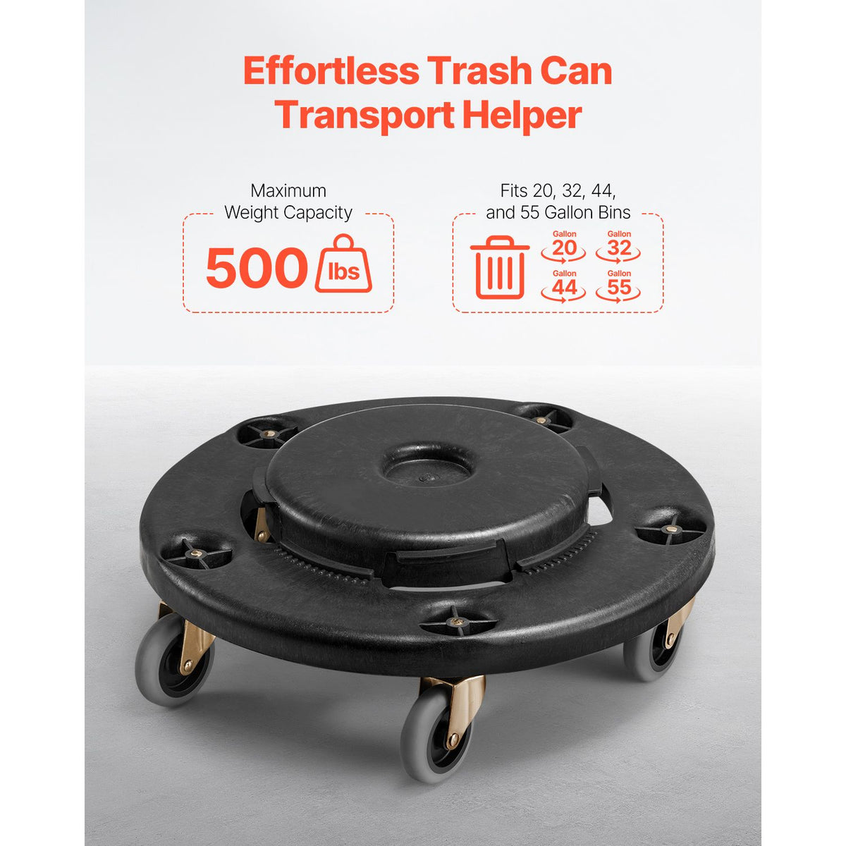 Trash Can Dolly, Fit 20, 32, 44, 55 Gallon Containers, Round Trash Can Roller Base with 4 Lockable Wheels, 500lbs Weight Capacity, Heavy Duty Barrel Dolly, Multi-Functional Rolling Dolly Cart