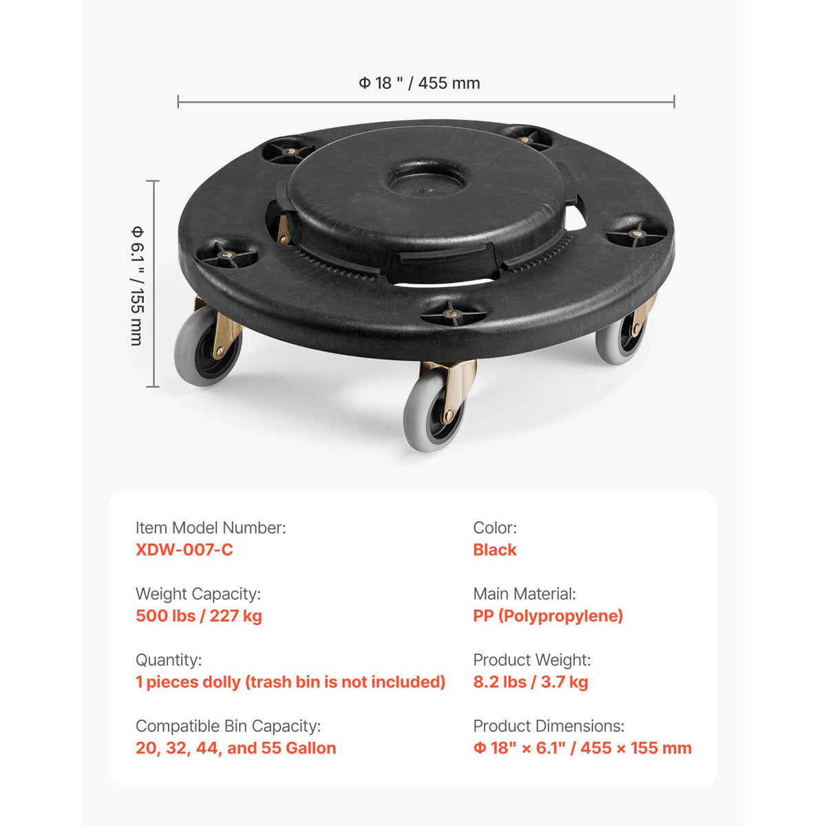 Trash Can Dolly, Fit 20, 32, 44, 55 Gallon Containers, Round Trash Can Roller Base with 4 Lockable Wheels, 500lbs Weight Capacity, Heavy Duty Barrel Dolly, Multi-Functional Rolling Dolly Cart