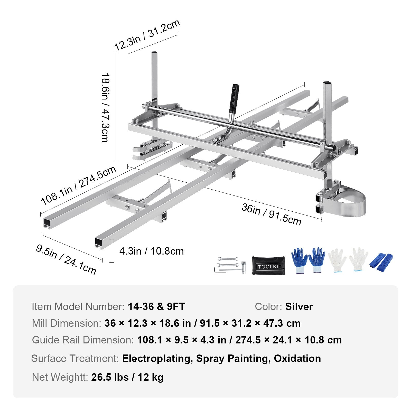 Fence & Gate Accessories: VEVOR Chainsaw Mill 14"-36" Guide Bar and 9 ft Aluminum Rail Mill Guide System