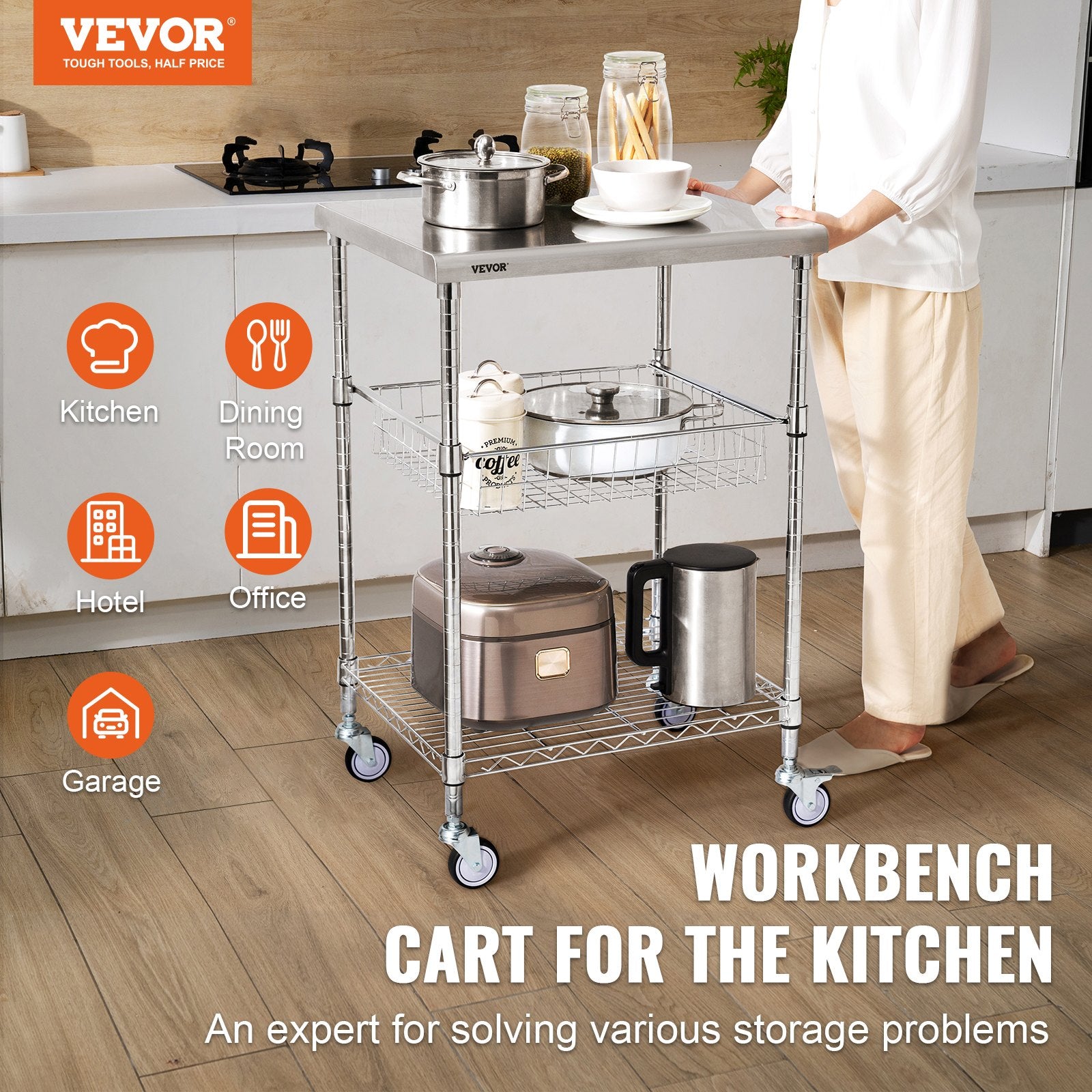 Kitchen Utility Cart, 3 Tiers, Wire Rolling Cart with 213kg Capacity, Steel Service Cart on Wheels, Metal Storage Trolley with 76mm Basket Curved Handle PP Liner 6 Hooks, for Indoor and Outdoor