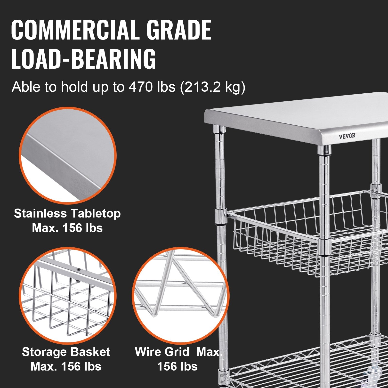 Kitchen Utility Cart, 3 Tiers, Wire Rolling Cart with 213kg Capacity, Steel Service Cart on Wheels, Metal Storage Trolley with 76mm Basket Curved Handle PP Liner 6 Hooks, for Indoor and Outdoor