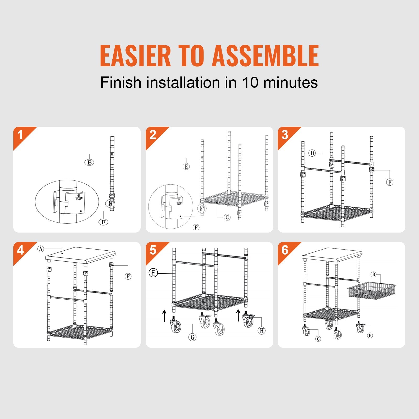 Kitchen Utility Cart, 3 Tiers, Wire Rolling Cart with 213kg Capacity, Steel Service Cart on Wheels, Metal Storage Trolley with 76mm Basket Curved Handle PP Liner 6 Hooks, for Indoor and Outdoor