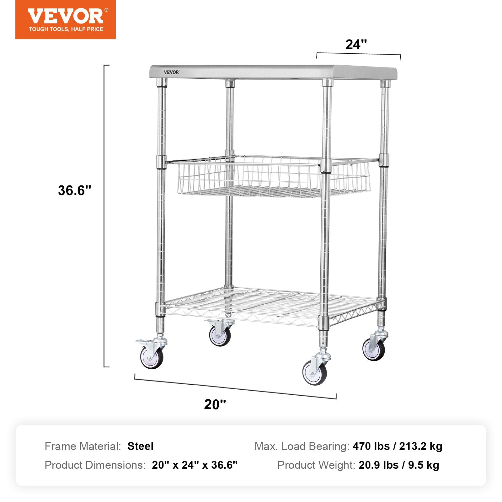Kitchen Utility Cart, 3 Tiers, Wire Rolling Cart with 213kg Capacity, Steel Service Cart on Wheels, Metal Storage Trolley with 76mm Basket Curved Handle PP Liner 6 Hooks, for Indoor and Outdoor