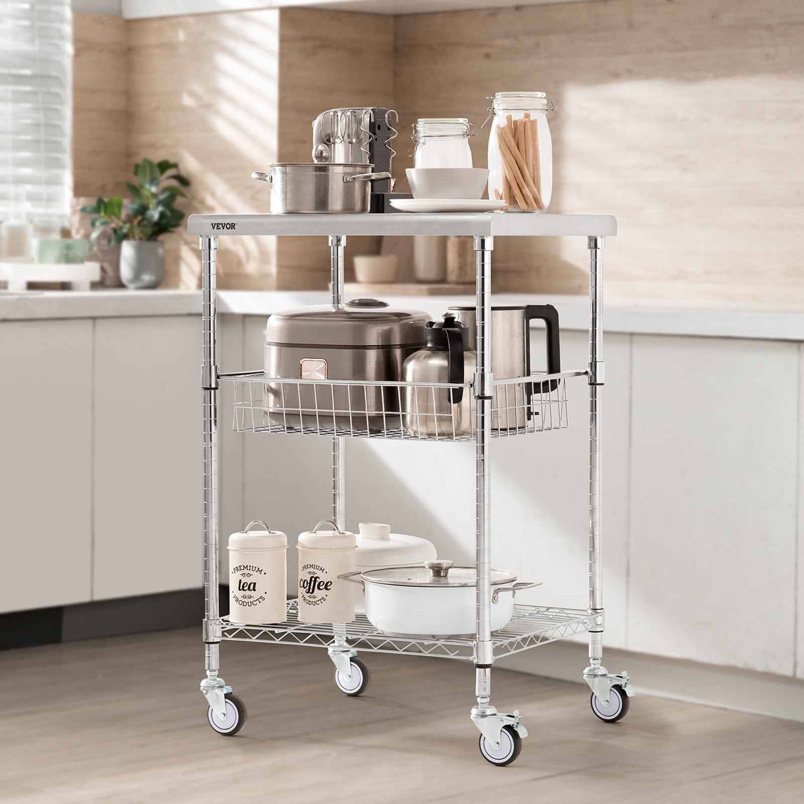 Kitchen Utility Cart, 3 Tiers, Wire Rolling Cart with 213kg Capacity, Steel Service Cart on Wheels, Metal Storage Trolley with 76mm Basket Curved Handle PP Liner 6 Hooks, for Indoor and Outdoor