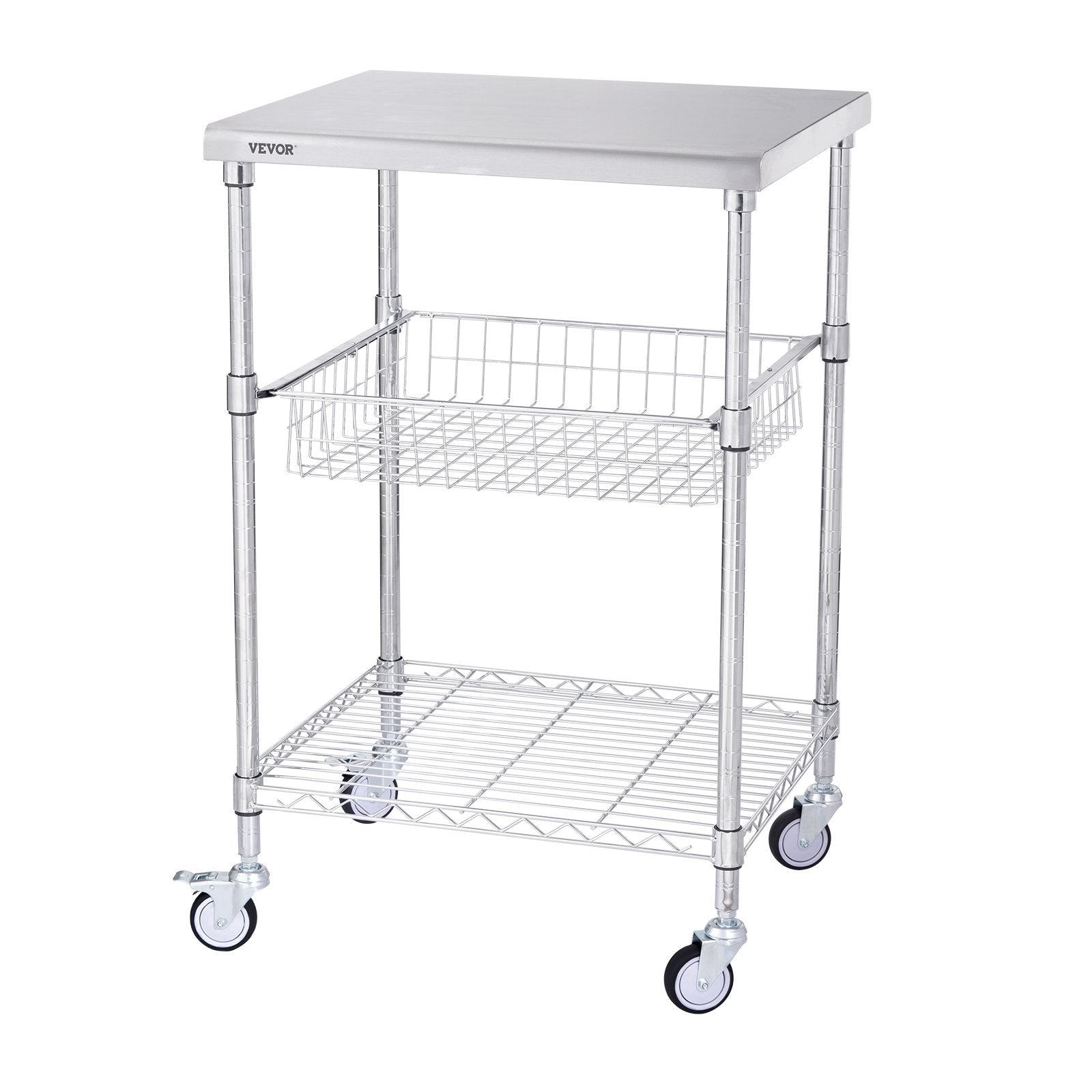 Kitchen Utility Cart, 3 Tiers, Wire Rolling Cart with 213kg Capacity, Steel Service Cart on Wheels, Metal Storage Trolley with 76mm Basket Curved Handle PP Liner 6 Hooks, for Indoor and Outdoor