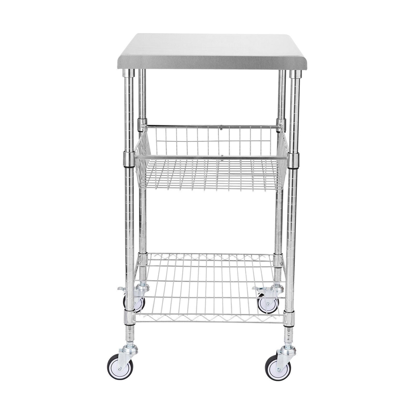 Kitchen Utility Cart, 3 Tiers, Wire Rolling Cart with 213kg Capacity, Steel Service Cart on Wheels, Metal Storage Trolley with 76mm Basket Curved Handle PP Liner 6 Hooks, for Indoor and Outdoor