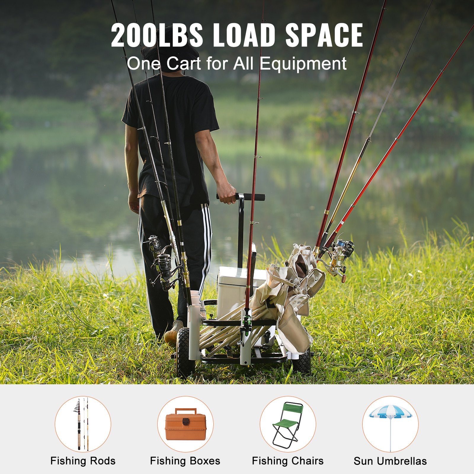 Tents: VEVOR Beach Fishing Cart, 91 kg Load Capacity, Fish and Marine Cart with Two 275 mm Big Wheels Rubber Balloon Tires for Sand, Heavy-Duty Steel Pier Wagon Trolley with 7 Rod Holders for Fishing, Picnic