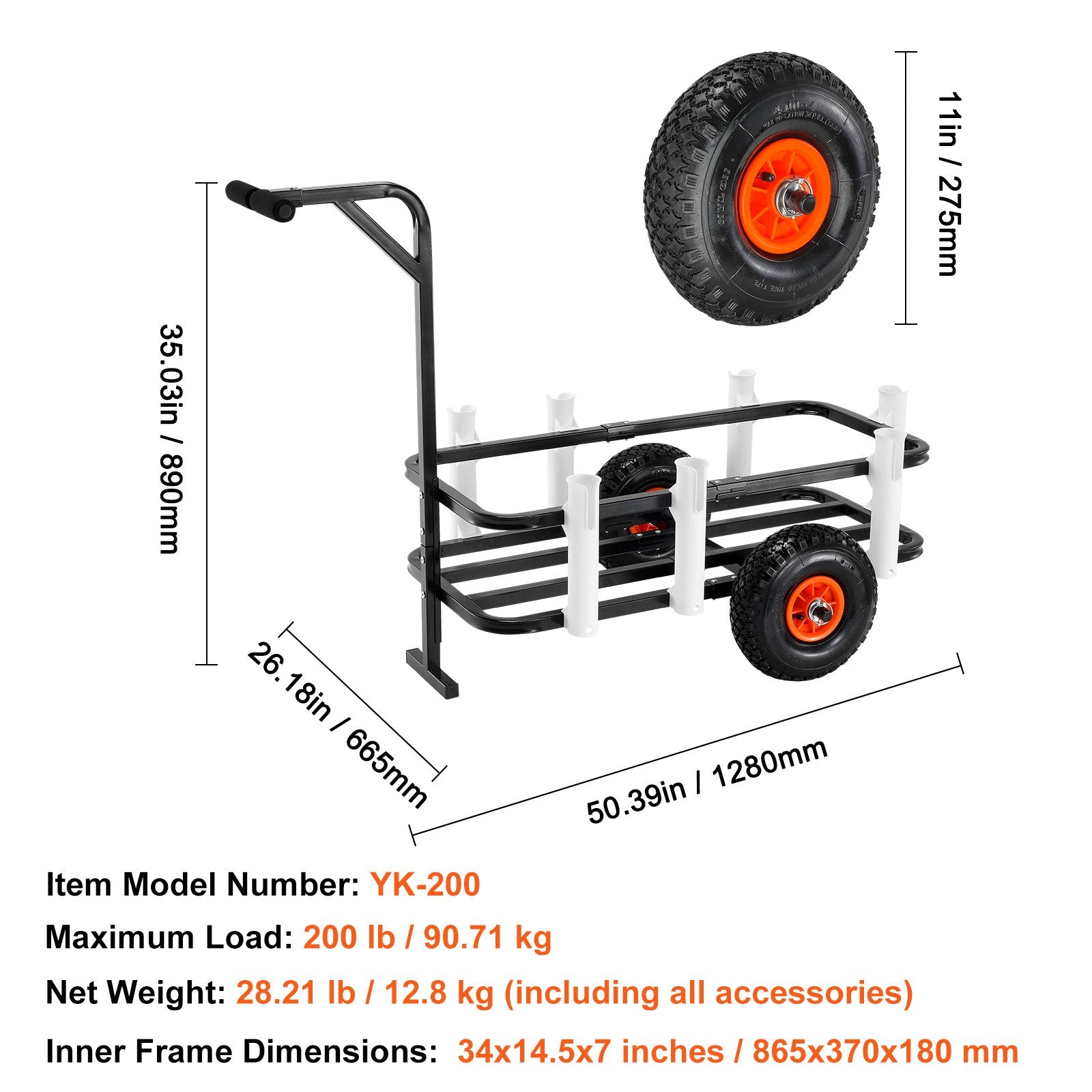 Tents: VEVOR Beach Fishing Cart, 91 kg Load Capacity, Fish and Marine Cart with Two 275 mm Big Wheels Rubber Balloon Tires for Sand, Heavy-Duty Steel Pier Wagon Trolley with 7 Rod Holders for Fishing, Picnic
