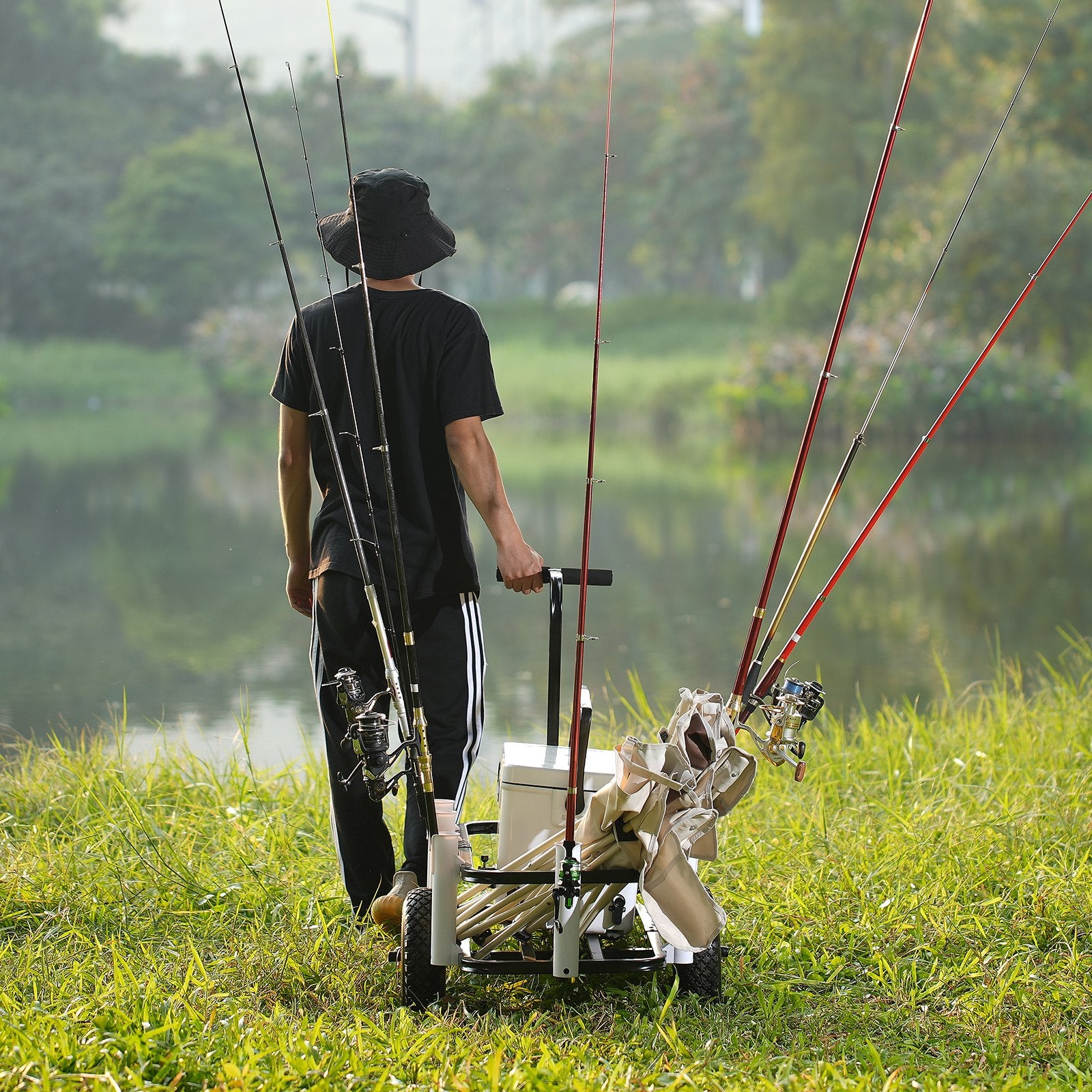 Tents: VEVOR Beach Fishing Cart, 91 kg Load Capacity, Fish and Marine Cart with Two 275 mm Big Wheels Rubber Balloon Tires for Sand, Heavy-Duty Steel Pier Wagon Trolley with 7 Rod Holders for Fishing, Picnic