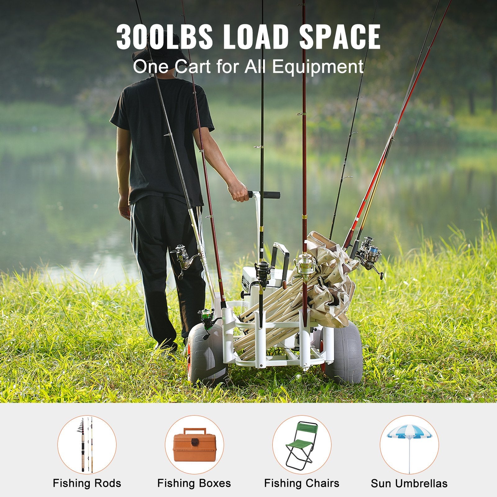 Kitchen & Dining Trolleys: VEVOR Beach Fishing Cart, 136 kg Load Capacity, Fish and Marine Cart with Two 330 mm Big Wheels PU Balloon Tires for Sand, Heavy-Duty Aluminum Pier Wagon Trolley with 8 Rod Holders for Fishing, Picnic