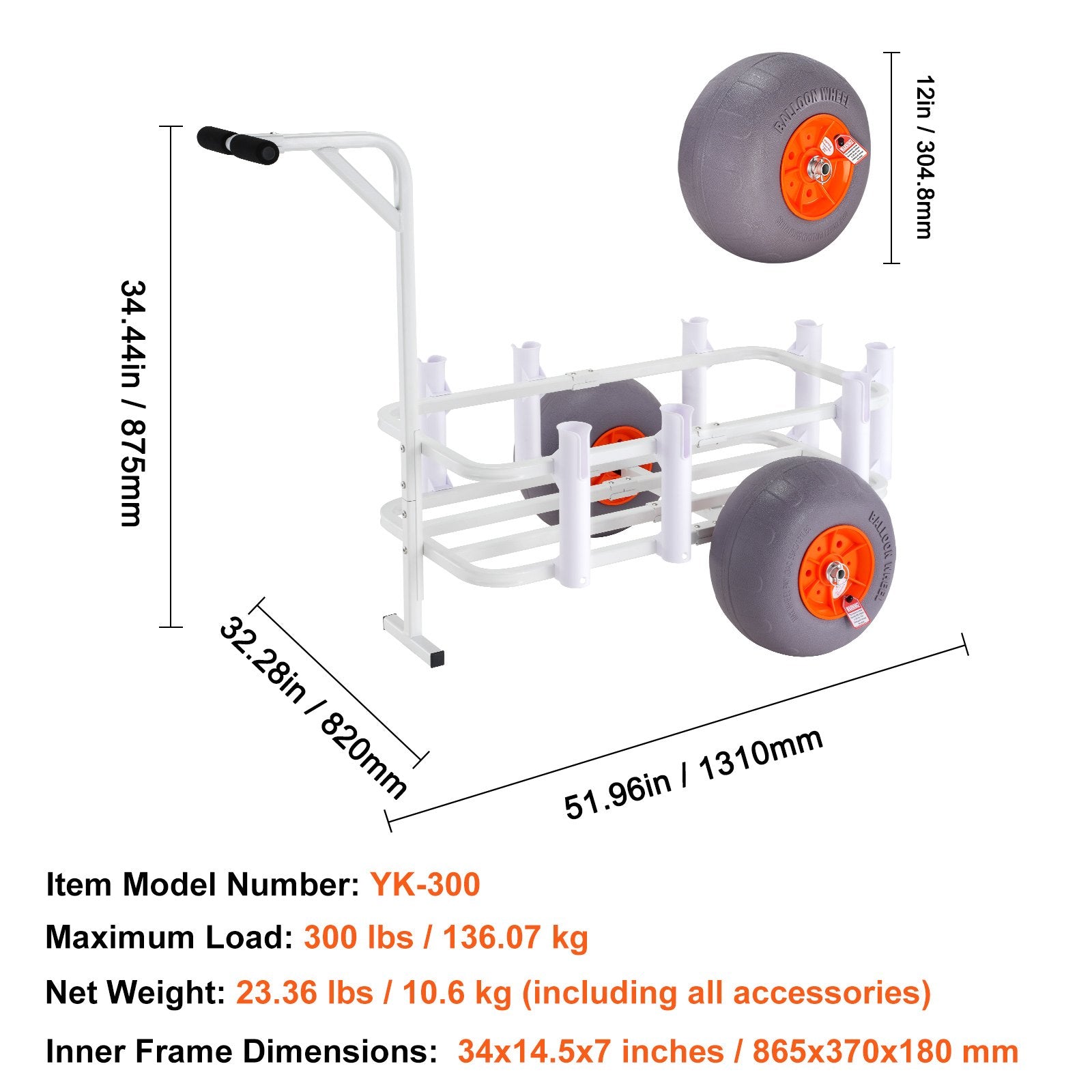 Kitchen & Dining Trolleys: VEVOR Beach Fishing Cart, 136 kg Load Capacity, Fish and Marine Cart with Two 330 mm Big Wheels PU Balloon Tires for Sand, Heavy-Duty Aluminum Pier Wagon Trolley with 8 Rod Holders for Fishing, Picnic