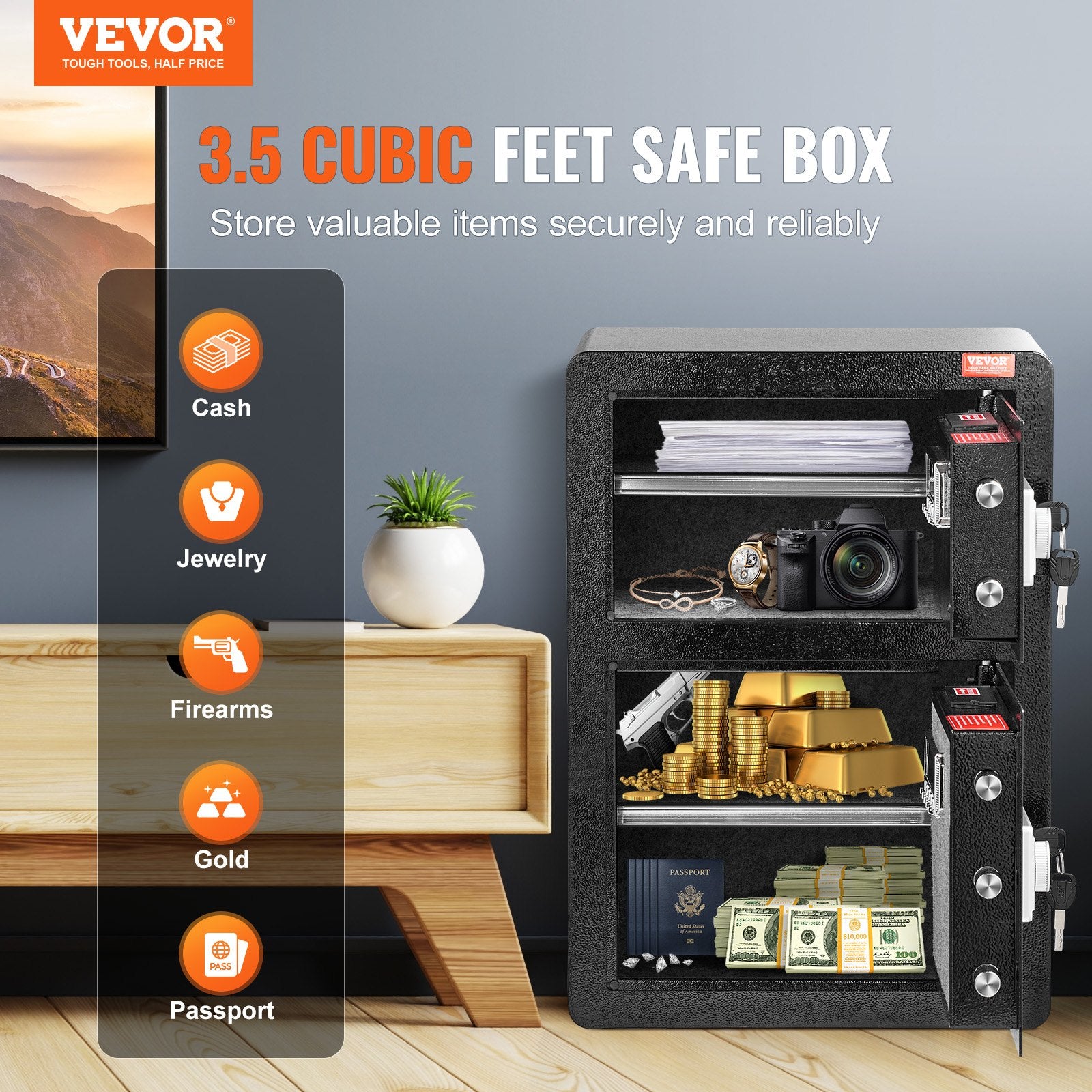 Electronic Door Locks: VEVOR Double Door 3.5 cu.ft Safe Box with Key Lock Password Fireproof Bag Black