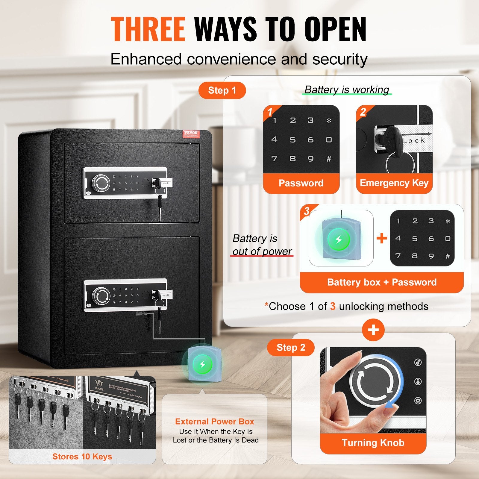 Electronic Door Locks: VEVOR Double Door 3.5 cu.ft Safe Box with Key Lock Password Fireproof Bag Black