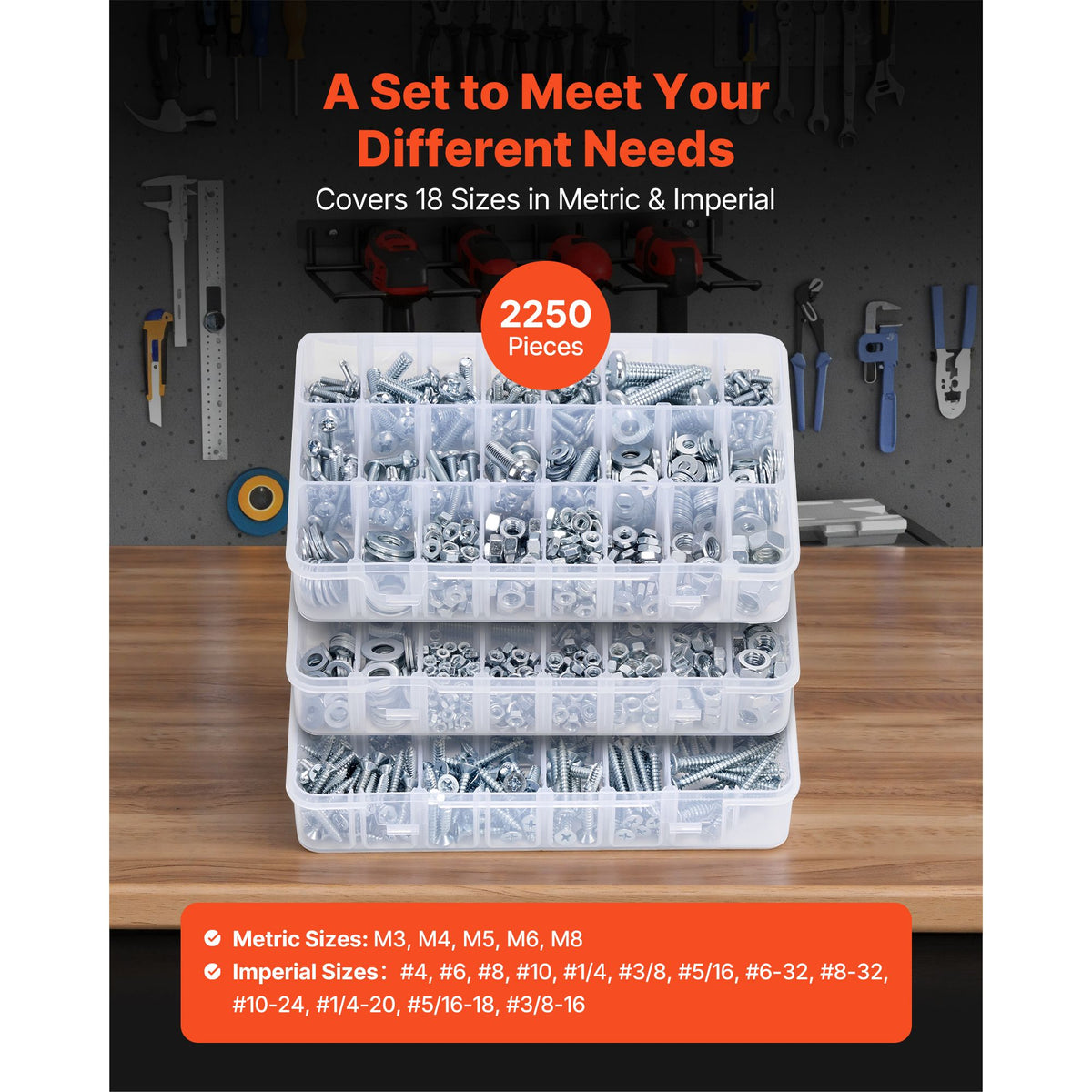 2250 Pcs Bolts and Nuts Assortment Kit, Metric + Imperial Machine Screws and Flat Washers, Alloy Steel M3/M4/M5/M6/M8 Multiple Size, for Equipment/Vehicle Assembly,Galvanized White