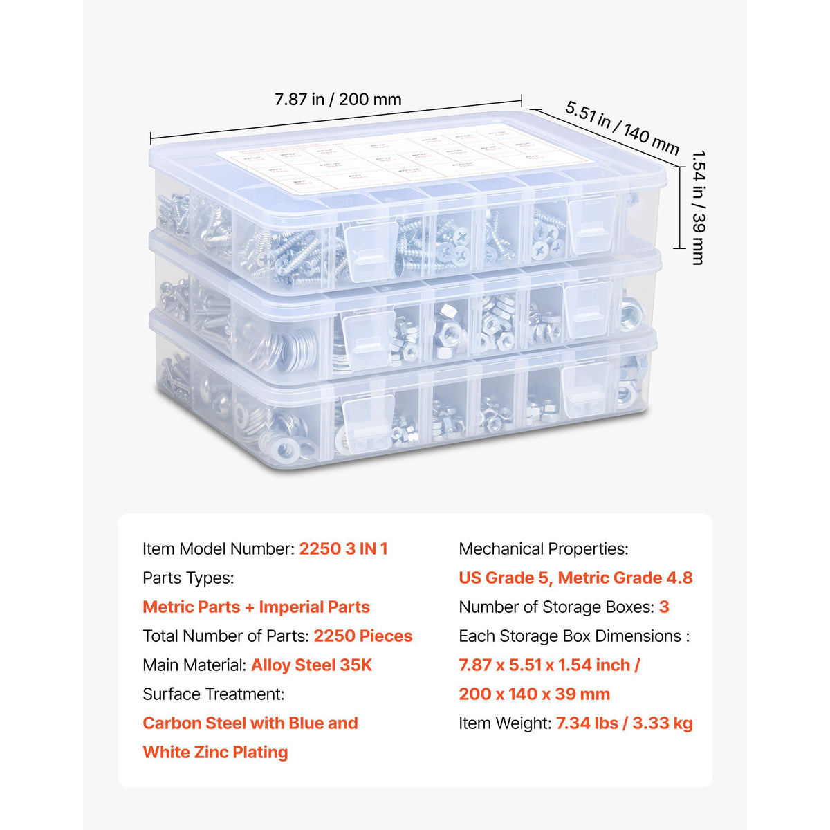 2250 Pcs Bolts and Nuts Assortment Kit, Metric + Imperial Machine Screws and Flat Washers, Alloy Steel M3/M4/M5/M6/M8 Multiple Size, for Equipment/Vehicle Assembly,Galvanized White